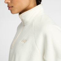 Light cream fleece pullover with a high collar, featuring a quarter-zip and subtle embroidered logo in a matching tone. Soft texture.
