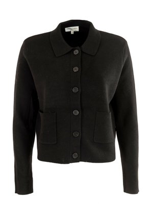 Cárdigan negro de botones con cuello, que presenta seis botones frontales, dos bolsillos frontales y textura acanalada. Fabricado con un material suave.
