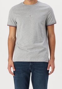 Harmaa puuvillainen T-paita, jossa on pyöreä kaula-aukko ja lyhyet hihat. Raitakoristeet punaisena ja sinisenä hihoissa. Keskellä logo-teksti vastakkaisissa väreissä.