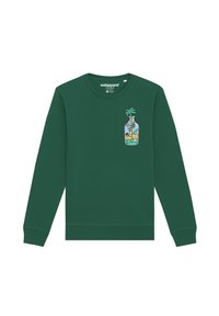 Grün sweatshirt aus weichem Stoff, mit einem Grafikdruck einer Flasche und einer Insellandschaft mit Palmen auf der linken Brustseite. Lange Ärmel.