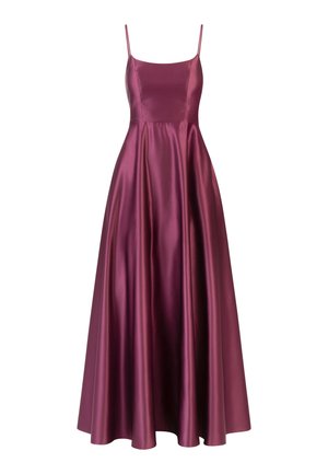 Long, A-line dress in deep burgundy satin with thin straps, a fitted bodice, and a flowing skirt. Smooth texture with minimal detailing.