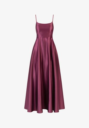 Robe longue, en ligne A, en satin bourgogne profond avec des bretelles fines, un buste ajusté et une jupe fluide. Texturé lisse avec un minimum de détails.