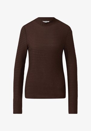 Langärmliger, dunkelbrauner strukturierter Strickpullover mit Rundhalsausschnitt und subtilen Waffelmuster im gesamten Design.