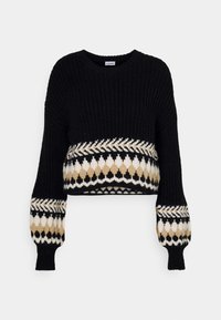 Czarny dziergany sweter o skróconym kroju, szerokich rękawach i ozdobnym pasie w kolorze kremowym i beżowym z motywem diamentu.