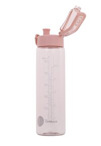 Clear plastic water bottle, 750 ml, with a light pink cap, flip-top lid, and measuring scale on the side; brand logo at the base.