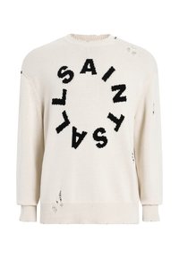 Cremfarbener gestrickter Pullover mit einem runden Grafikdesign, auf dem das Wort "SAINT" in Schwarz zu sehen ist, mit abgenutzten Details sowie gerippten Bündchen und Saum.