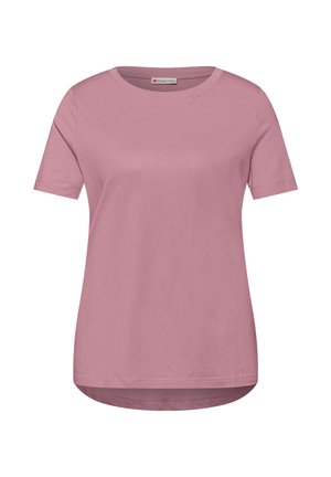 Camiseta de mujer en color malva liso, de manga corta, con cuello redondo y dobladillo ligeramente asimétrico, mostrada sobre fondo blanco.