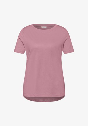 Effen mauve dames T-shirt met korte mouwen, ronde halslijn en een lichte high-low zoom, getoond op een witte achtergrond.