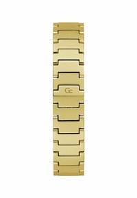 Guldmetallarmband med sammanlänkade rektangulära länkar och en subtil logotyp. Slät yta och jämn finish genom hela biten.