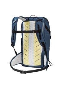 Rugzak met blauwe stof, witte mesh padding en gele accenten; beschikt over verstelbare banden en uitrustingslussen voor functionaliteit.