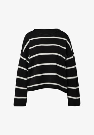 Maglione a maniche lunghe a righe bianche e nere, caratterizzato da una vestibilità ampia e un ampio scollo, realizzato in materiale a maglia strutturata.