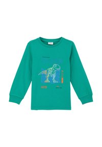 Langarm-T-Shirt aus leuchtend türkisfarbenem Baumwollstoff mit einem T-Rex-Graphic in Neonfarben und Text. Runder Halsausschnitt und gerippte Bündchen.