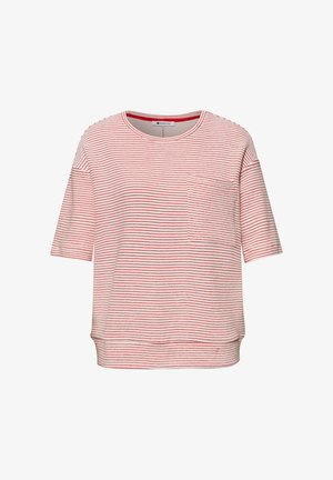 Wit T-shirt met korte mouwen en fijne rode horizontale strepen, voorzien van een borstzakje, een ronde halslijn en een relaxte pasvorm.