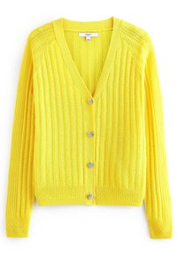 Cardigan giallo brillante a costine con scollo a V, dotato di tre bottoni decorativi a forma di fiore in argento e texture in maglia. Maniche lunghe con polsini a costine.