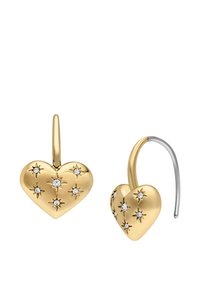 Goldene herzförmige Ohrringe mit diamantähnlichen Akzenten und Sterngravuren; die Haken sind silberfarben und haben eine glatte, glänzende Oberfläche.