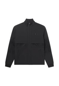 Black athletic jacket with a zip front, featuring mesh panels on the sleeves, a stand-up collar, and two front pockets.