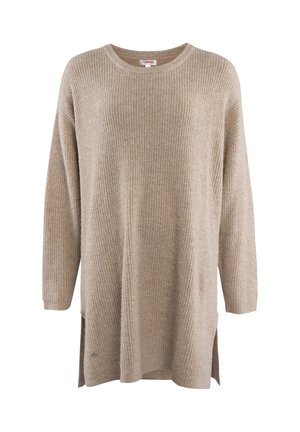 Beige, übergroßer Strickpullover mit langen Ärmeln, gerippter Textur, Bootsausschnitt und seitlichen Schlitzen für Bewegungsfreiheit.