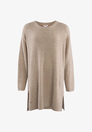 Beige, übergroßer Strickpullover mit langen Ärmeln, gerippter Textur, Bootsausschnitt und seitlichen Schlitzen für Bewegungsfreiheit.