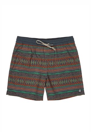 Herren-Badeshorts mit elastischem Bund, Kordelzug und mehrfarbigen geometrischen Mustern in Grün-, Orange- und Grautönen.