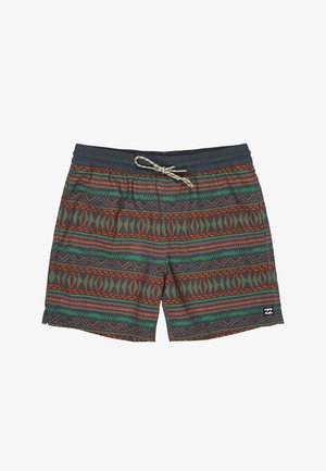 Vīriešu peldēšanas šorti ar elastīgu vidukļa jostu, auklu un daudzkrāsainiem ģeometriskiem rakstiem zaļā, oranžā un pelēkā toņos.