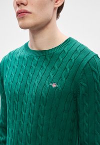 Πράσινο πλεκτό πουλόβερ με σχέδιο καλωδίωσης, ribbed λαιμόκοψη και μικρή λεπτομέρεια λογότυπου στο στήθος. Μαλακή υφή και εφαρμοστή γραμμή.