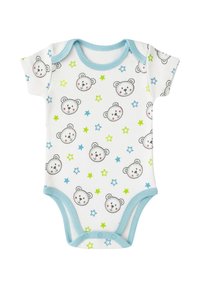 Body bianco a maniche corte con un motivo di volti di orso e stelle colorate. Bordo blu e chiusure a scatto sul fondo per una facile vestizione.
