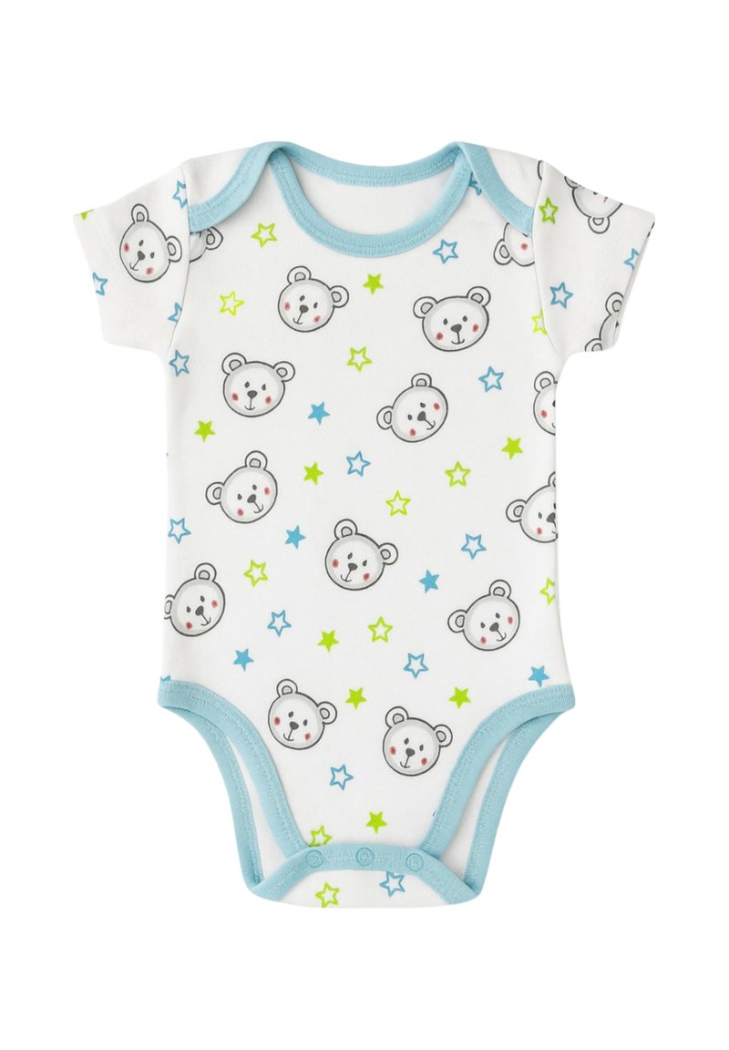 Body bianco a maniche corte con un motivo di volti di orso e stelle colorate. Bordo blu e chiusure a scatto sul fondo per una facile vestizione.