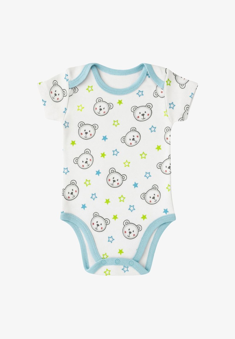 Body bianco a maniche corte con un motivo di volti di orso e stelle colorate. Bordo blu e chiusure a scatto sul fondo per una facile vestizione.