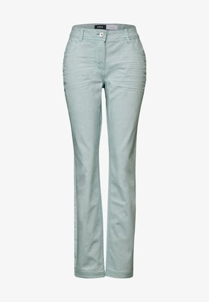 Pantalones verde claro hechos de una tela suave con un diseño de pierna recta, que cuentan con bolsillos frontales y un sutil detalle texturizado en la parte delantera.