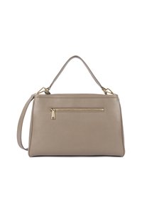 Borsa a tracolla in pelle beige con design strutturato, manico superiore, tracolla removibile e tasca frontale con zip dotata di hardware dorato.