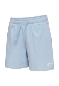 Himmelblaue Baumwollshorts mit elastischem Bund, Kordelzug, Seitentaschen und weißem "hummel sportswear"-Logo am Saum.