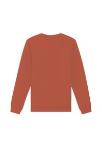 Roodbruine sweater met lange mouwen, ronde halslijn, ribgebreide manchetten en zoom. Glad textuur, casual ontwerp zonder patronen of accenten.