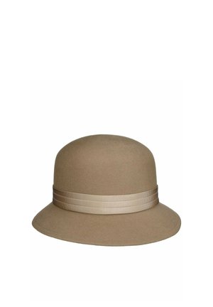 Beige cloche hat with a rounded crown and a wide, downward-sloping brim, featuring a matching beige grosgrain ribbon band.