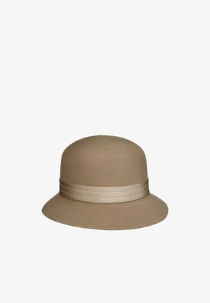 Beige cloche hat with a rounded crown and a wide, downward-sloping brim, featuring a matching beige grosgrain ribbon band.