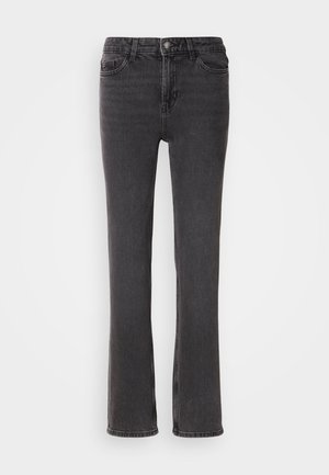 Black denim jeans with a straight-leg fit, featuring front pockets, a zip fly, and subtle stitching details. Fabric has a slight texture.