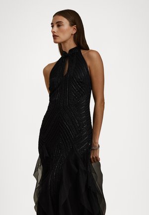 RUFFLE-TRIM BEADED MESH HALTER GOWN - Oblačila za posebne priložnosti - black