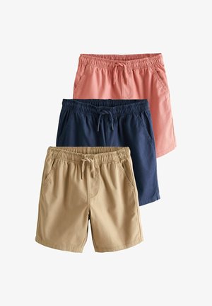 Drei Shorts in den Farben Pink, Marineblau und Khaki. Hergestellt aus glattem Stoff mit einem elastischen Bund und Kordelzug. Jede hat seitliche Taschen.
