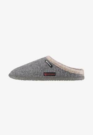 Gray wool slipper featuring a soft beige trim and textured rubber sole, with a logo patch in red on the side.