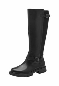 Tall black leather boots with a smooth finish, featuring a side buckle strap and textured fabric sections on the shaft. Thick rubber sole.