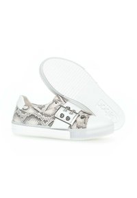 Snakeskin-patterned sneakers with a white rubber sole and toe cap. Features a silver metal buckle and accents on the side.