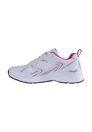 White athletic sneaker with pink trim, mesh upper, silver accents, lace-up closure, and black textured sole, shown from the outer side.