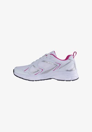 White athletic sneaker with pink trim, mesh upper, silver accents, lace-up closure, and black textured sole, shown from the outer side.