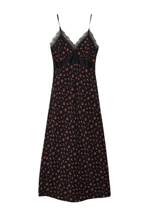 Zwarte nachtjapon met verstelbare spaghettibandjes, kantafwerking en een klein bloemenpatroon in oranje en wit overal. Zachte stoftextuur.