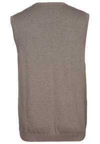 Mouwloos vest in een effen, gedempt bruine gebreide stof. Heeft een ronde halslijn en geribbelde zoom, wat zorgt voor een gladde, zachte textuur.