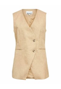 Beige ærmeløs vest med V-hals, dobbeltknaplukning og to forlommer. Fremstillet af tekstureret stof og har en skræddersyet pasform.
