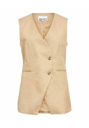 Gilet sans manches beige avec un col en V, fermeture à double bouton et deux poches frontales. Fabriqué en tissu texturé, il présente une coupe ajustée.