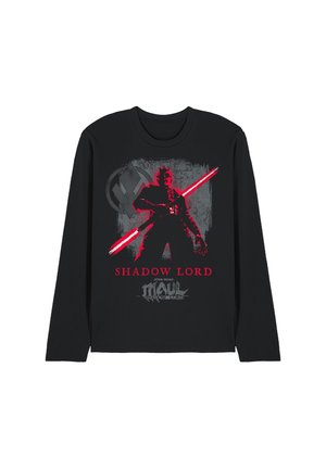 Schwarzes Langarmshirt mit rotem und grauem Motiv von Darth Maul mit doppeltem rotem Lichtschwert und dem Text „Shadow Lord“ darunter.