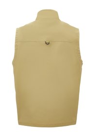 Gilet khaki con colletto alto, design senza maniche e una asola sul retro per appenderlo. Realizzato in materiale morbido e leggero.