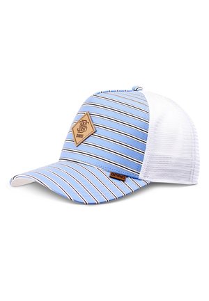 Light blue and white striped baseball cap with white mesh back and brown leather logo patches on front and brim.