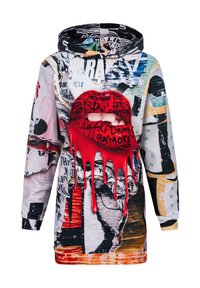 Hooded sweatshirt featuring a collage of colorful graphic prints. Prominent red lips graphic with dripping effect. Made of soft fabric.